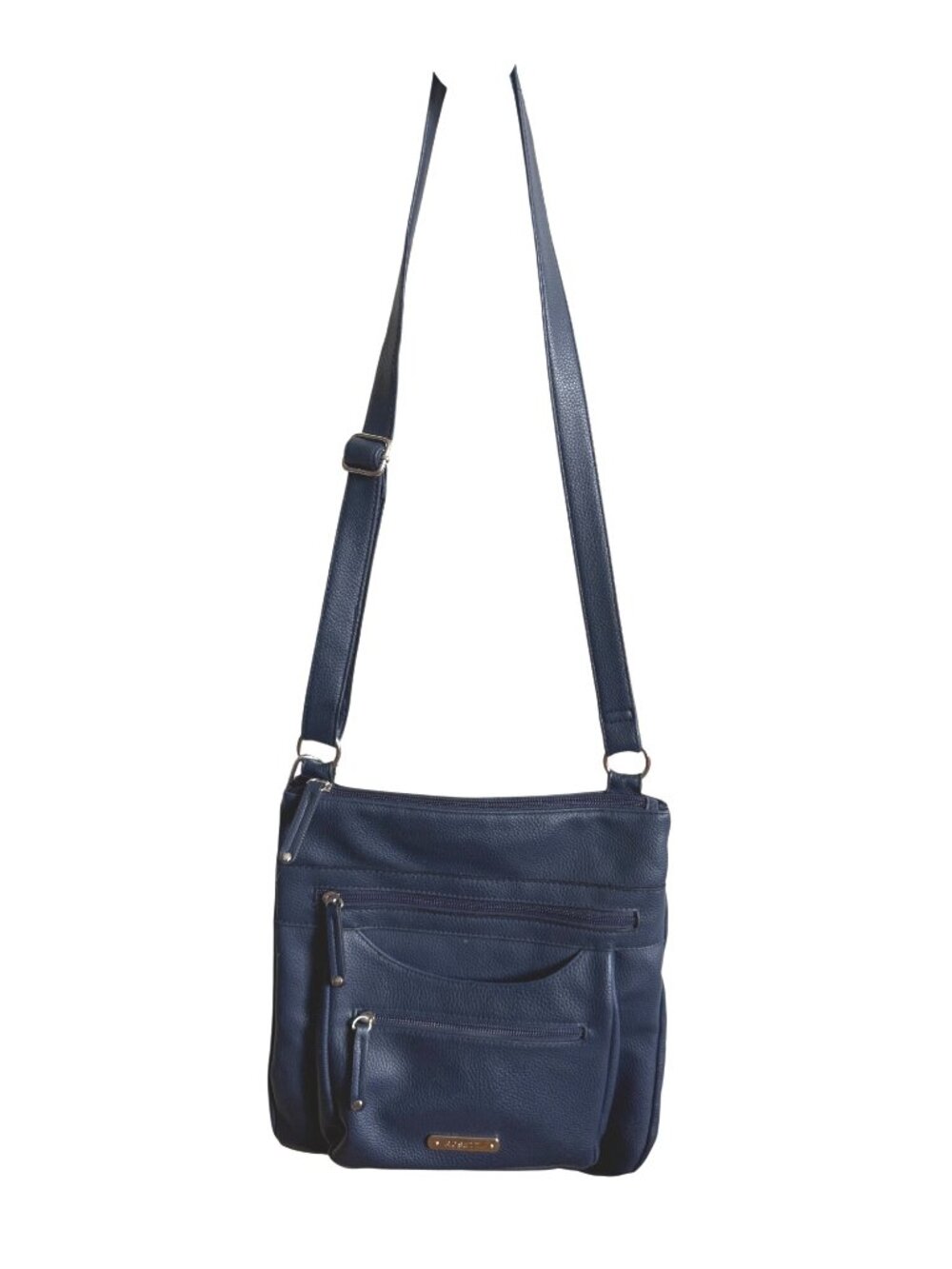 Rosetti Navy Faux Leather Crossbody Bag Multiple Zipper Pockets Adjustable Strap